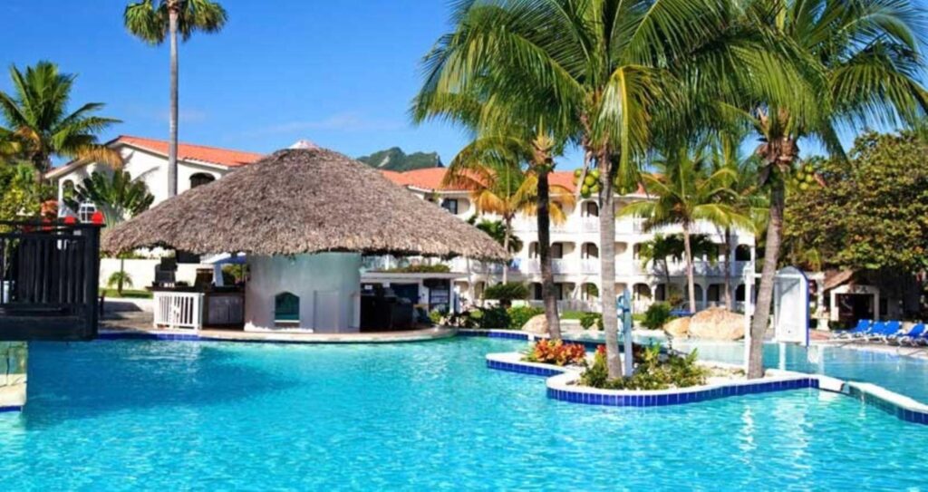 a swimming pool with palm trees and a thatched roof