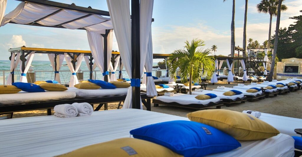 bali beds on a beach with a palm tree
