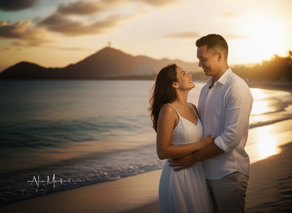 Couple embracing on a beach at sunset.
