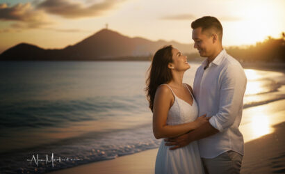 Couple Embracing On A Beach At Sunset.