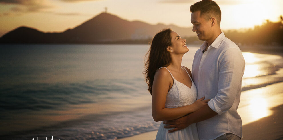 Couple Embracing On A Beach At Sunset.